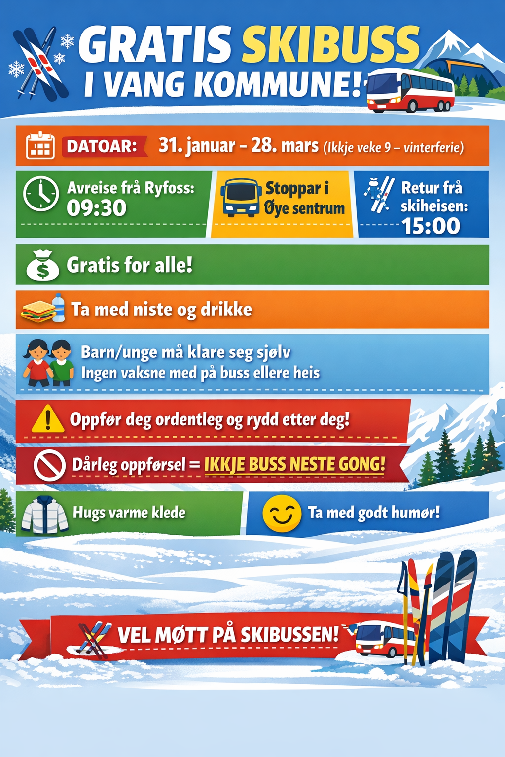Plakat om skibusstilbudet i Vang kommune - Klikk for stort bilete